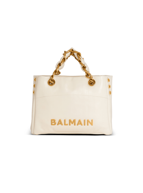 balmain paris Sac 1945 Soft Small en cuir de veau craquelé embossé monogramme PB Labyrinthe blanc - Femme