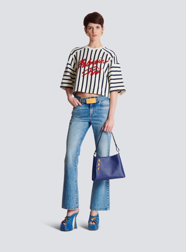 Balmain Paris Sac à Main Emblème Shoulder En Cuir De Veau Grainé Bleu Marine - Femme