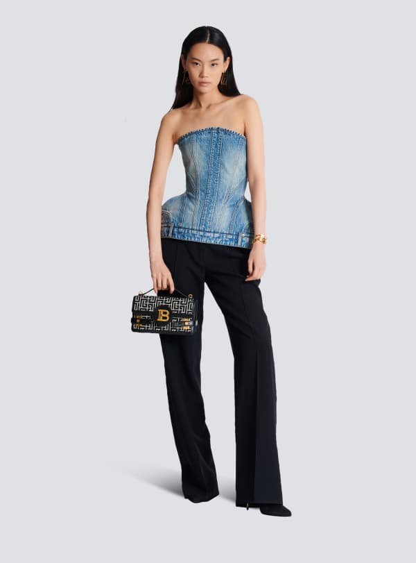 Balmain Paris Sac B-Buzz Shoulder 24 En Toile Jacquard à Monogramme PB Et Cuir De Veau Noir - Femme