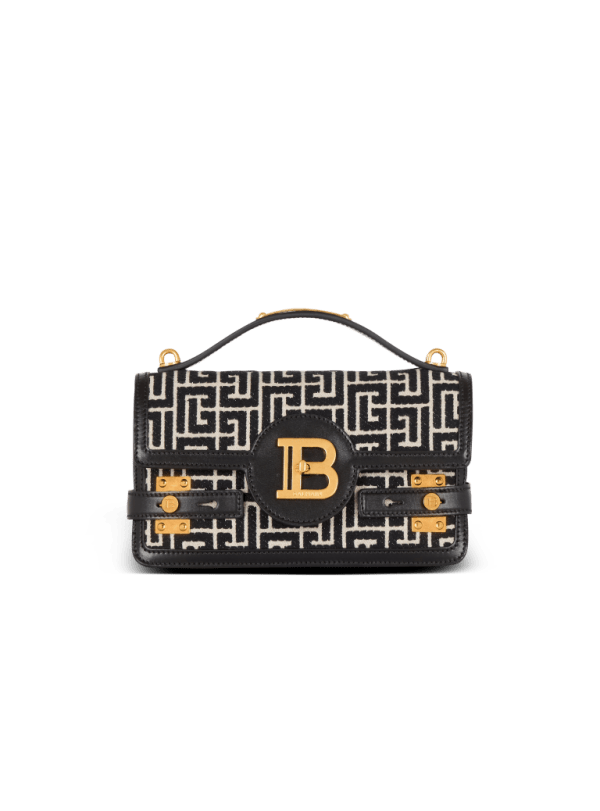 balmain paris Sac B-Buzz Shoulder 24 en toile jacquard à monogramme PB et cuir de veau noir - Femme
