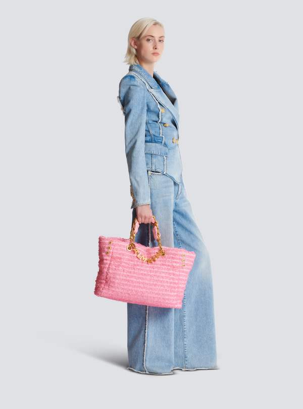 Balmain Paris Sac Cabas 1945 Soft En Raphia Effet Tweed Rose - Femme