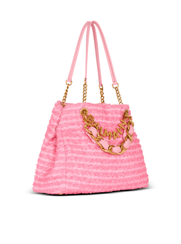 Balmain Paris Sac Cabas 1945 Soft En Raphia Effet Tweed Rose - Femme