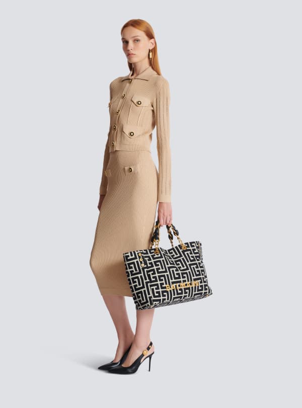 Balmain Paris Sac Cabas 1945 Soft En Toile Jacquard à Monogramme Noir - Femme