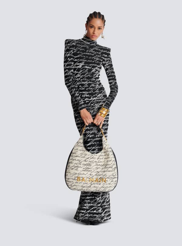 Balmain Paris Sac Cabas 1945 Soft Hobo Large En Toile Imprimée Beige - Femme