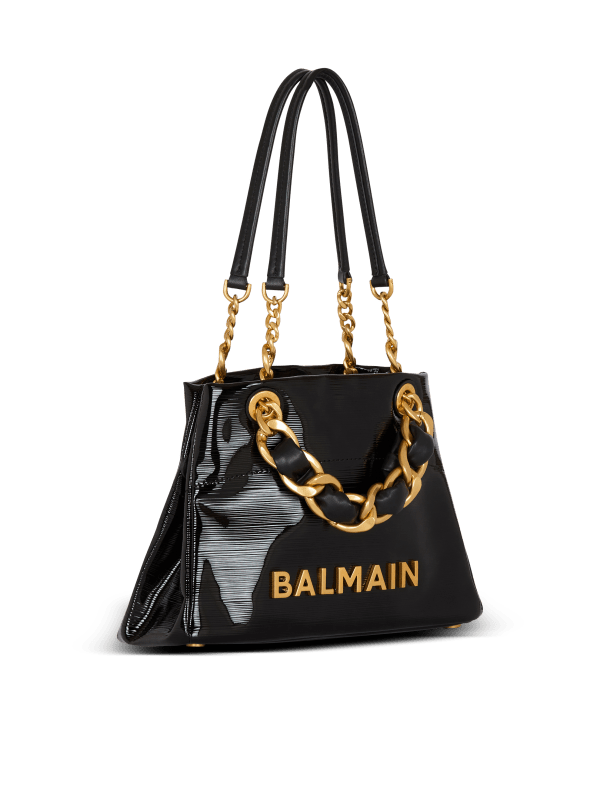 Balmain Paris Sac Cabas 1945 Soft Small En Cuir Verni Strié Noir - Femme