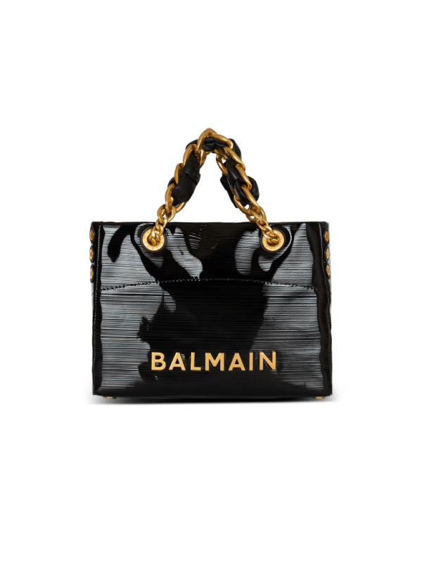 balmain paris Sac Cabas 1945 Soft Small en cuir verni strié noir - Femme