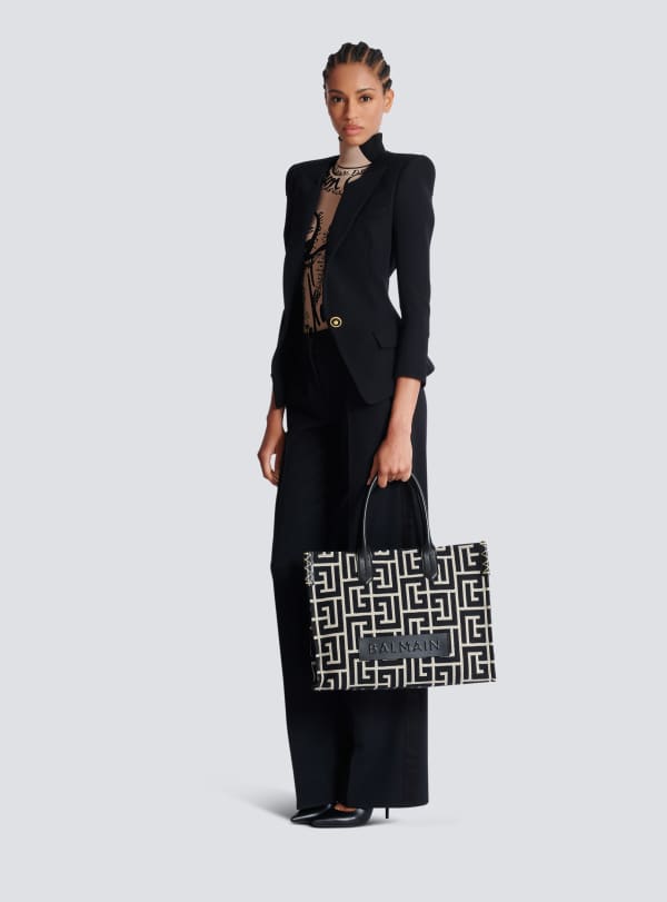 Balmain Paris Sac Cabas B-Army 42 En Jacquard Monogramme Et Cuir Noir - Femme