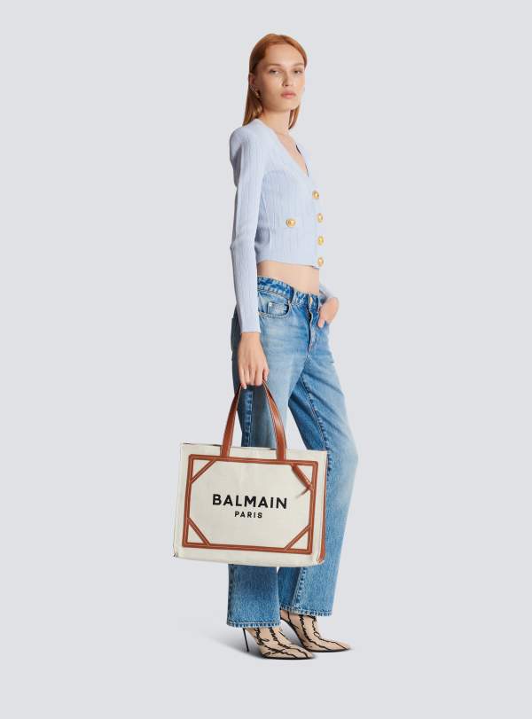 Balmain Paris Sac Cabas B-Army 42 En Toile Et Détails Cuir Beige - Femme