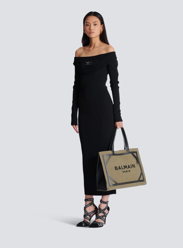 Balmain Paris Sac Cabas B-Army 42 En Toile Et Détails Cuir Kaki - Femme