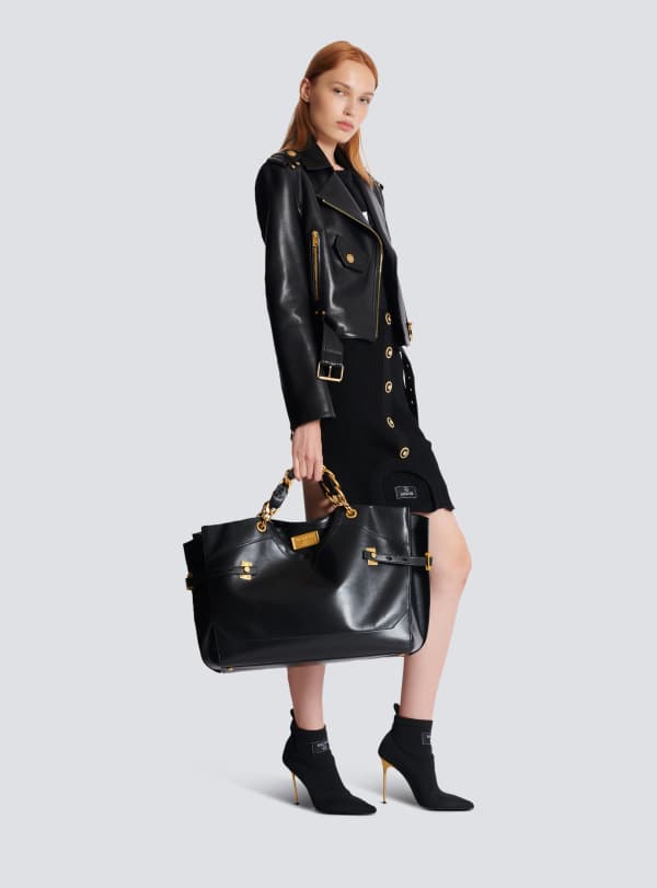 Balmain Paris Sac Cabas Crewneck En Cuir De Veau Noir - Femme