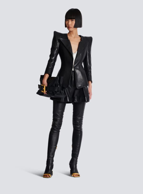 Balmain Paris Short à Plis En Cuir D'agneau Noir - Femme
