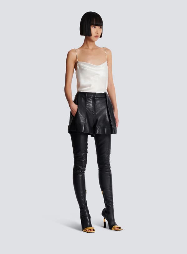 Balmain Paris Short à Plis En Cuir D'agneau Noir - Femme