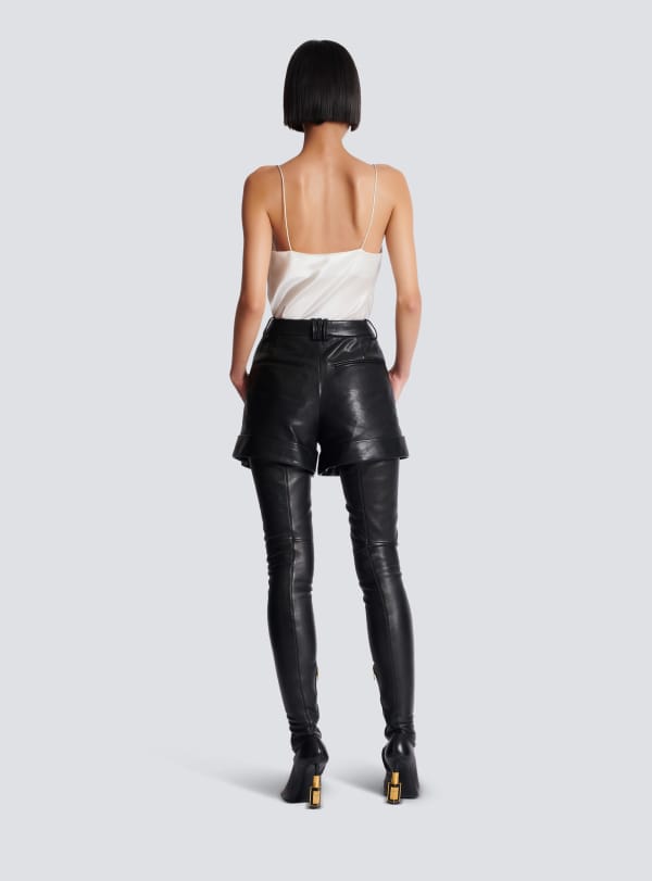 Balmain Paris Short à Plis En Cuir D'agneau Noir - Femme