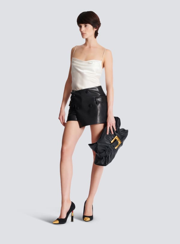 Balmain Paris Short Court En Cuir D'agneau Noir - Femme