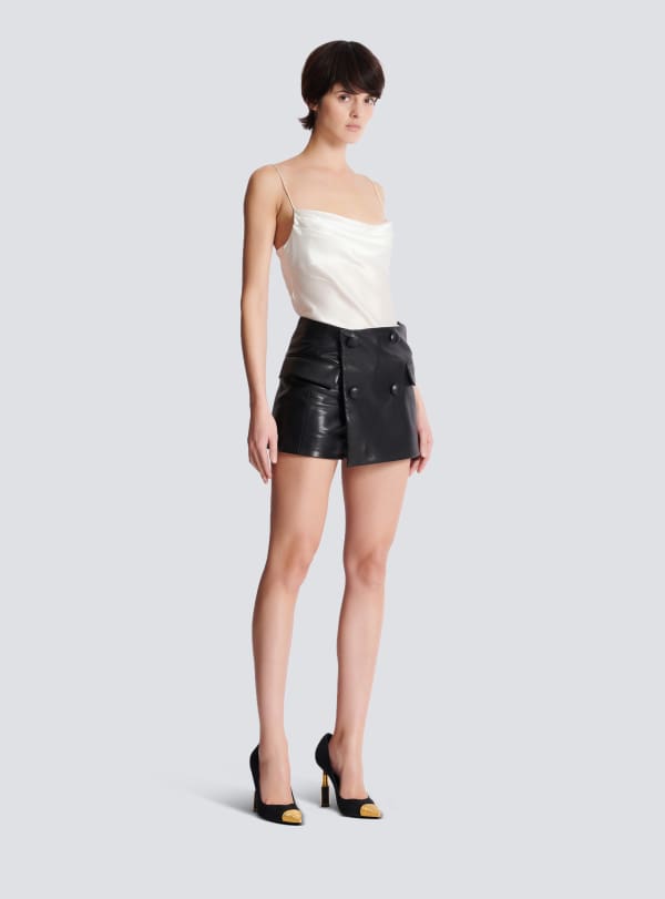 Balmain Paris Short Court En Cuir D'agneau Noir - Femme