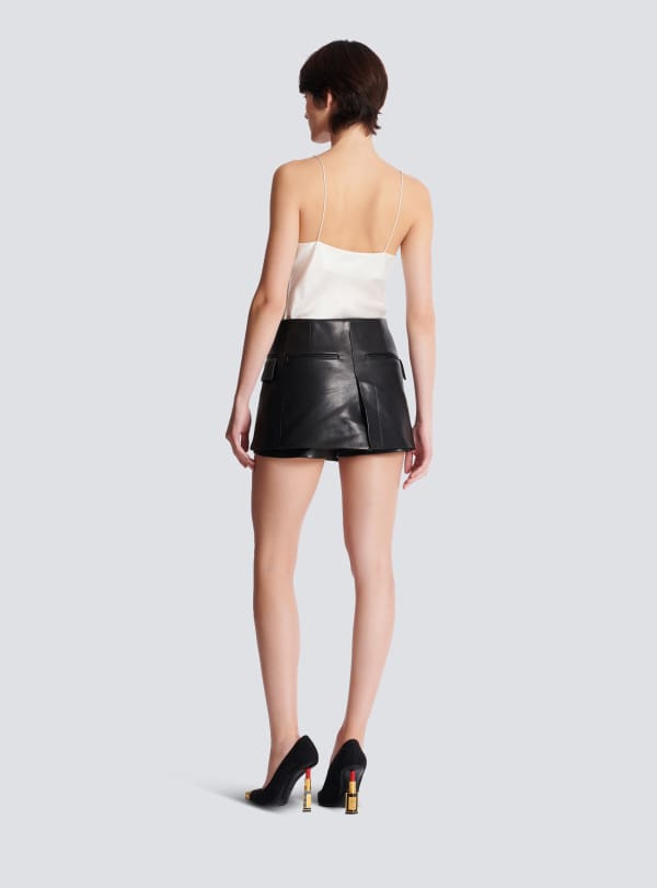 Balmain Paris Short Court En Cuir D'agneau Noir - Femme