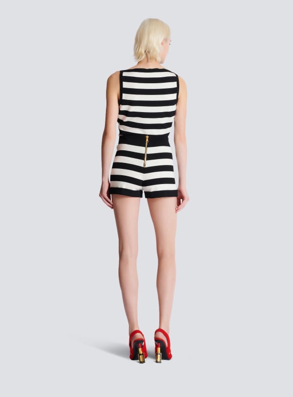 Balmain Paris Short En Maille Motif Marinière Noir - Femme