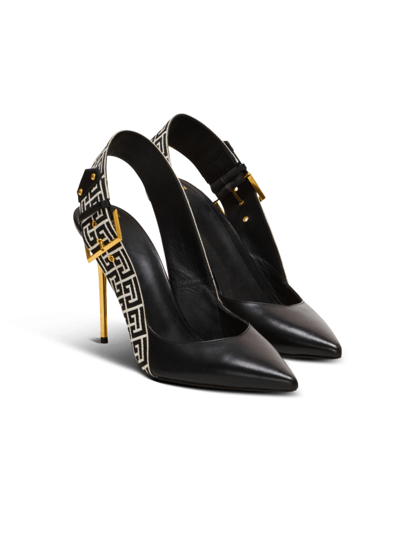 Balmain Paris Slingbacks Ruby En Cuir De Veau Et Monogramme Noir - Femme