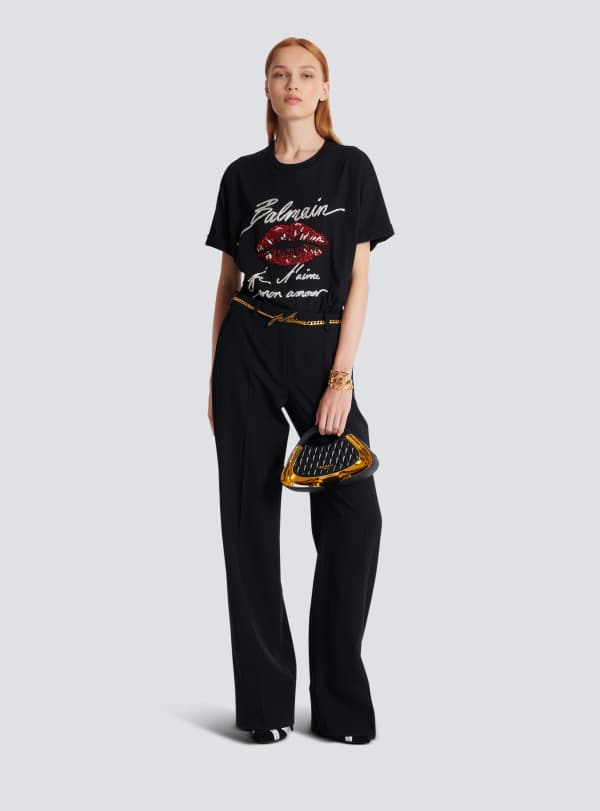 Balmain Paris T-shirt à Manches Courtes Brodé Kiss Noir - Femme