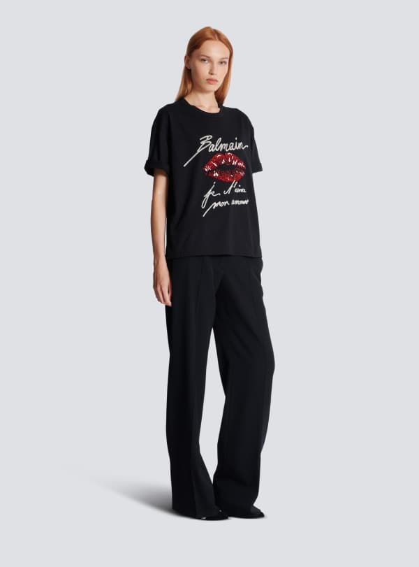 Balmain Paris T-shirt à Manches Courtes Brodé Kiss Noir - Femme