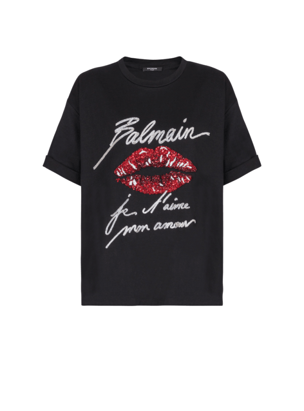 balmain paris T-shirt à manches courtes brodé Kiss noir - Femme