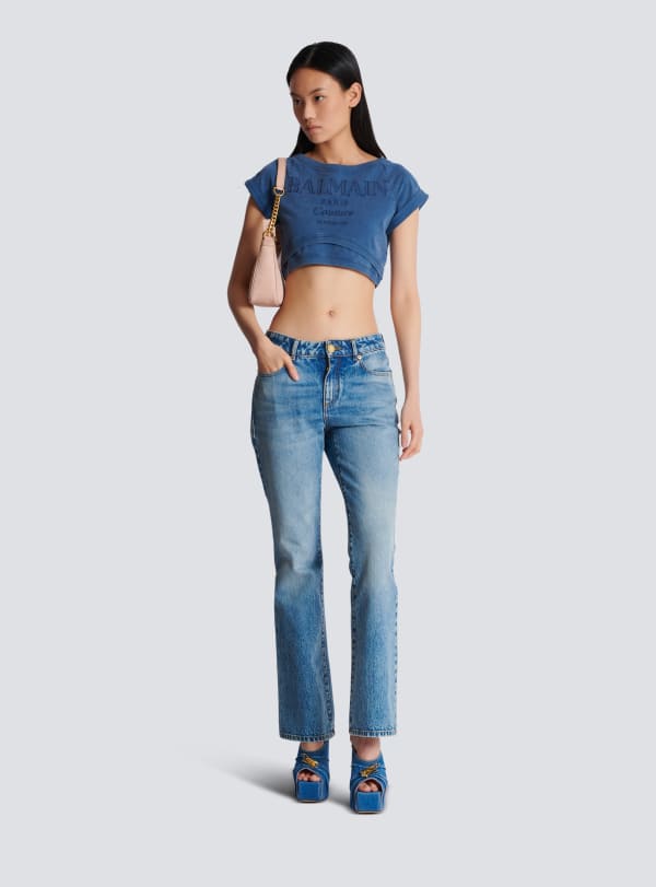 Balmain Paris T-shirt Court Brodé Balmain Couture Bleu Marine - Femme