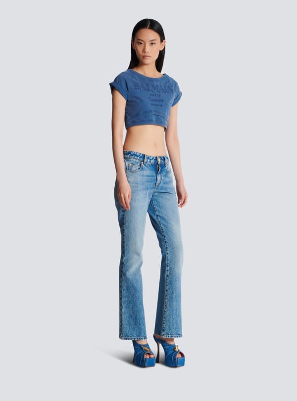 Balmain Paris T-shirt Court Brodé Balmain Couture Bleu Marine - Femme