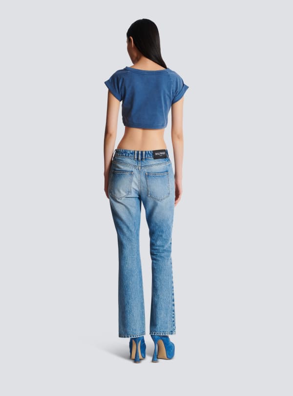 Balmain Paris T-shirt Court Brodé Balmain Couture Bleu Marine - Femme