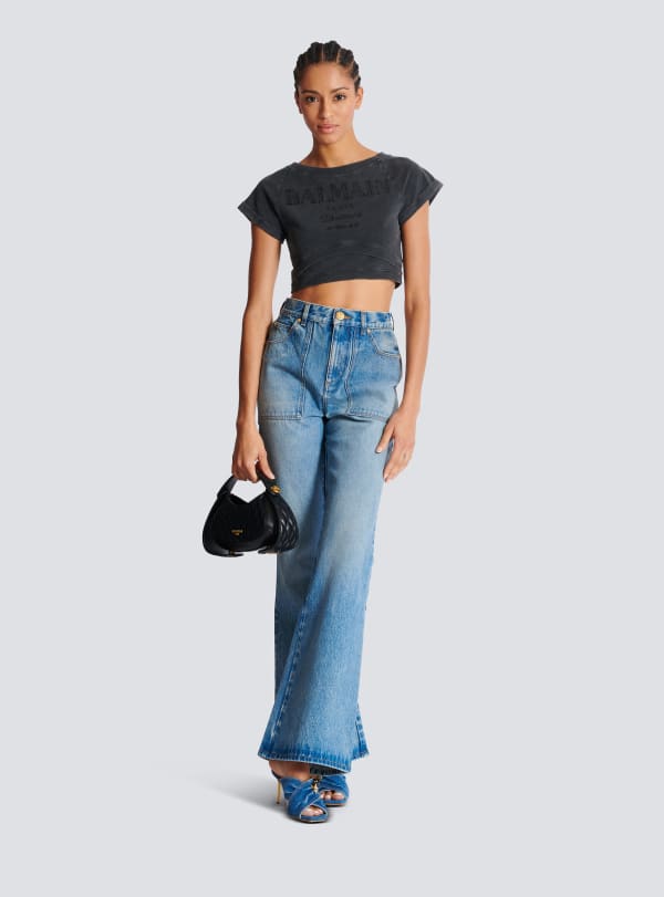 Balmain Paris T-shirt Court Brodé Balmain Couture Gris - Femme