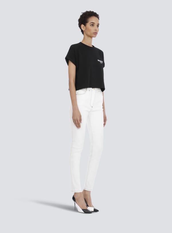 Balmain Paris T-shirt Court En Coton Floqué Petit Logo Balmain Noir - Femme