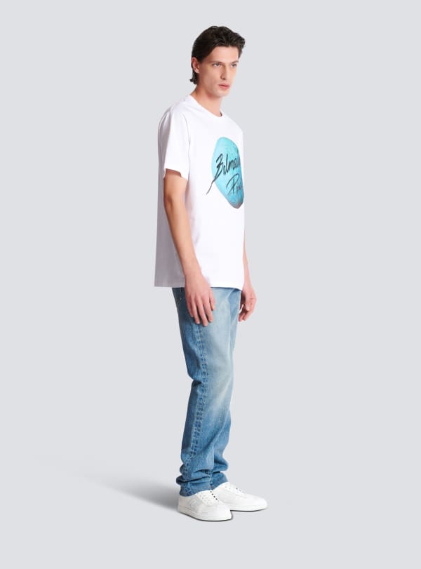 Balmain Paris T-shirt Imprimé Balmain Paris Logo Et Planète Blanc - Homme