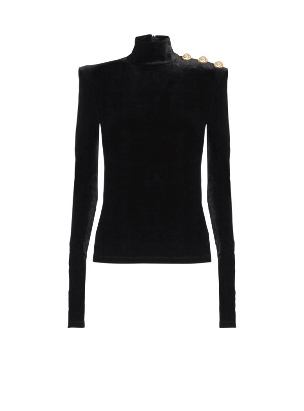 balmain paris Top à manches longues en velours noir - Femme