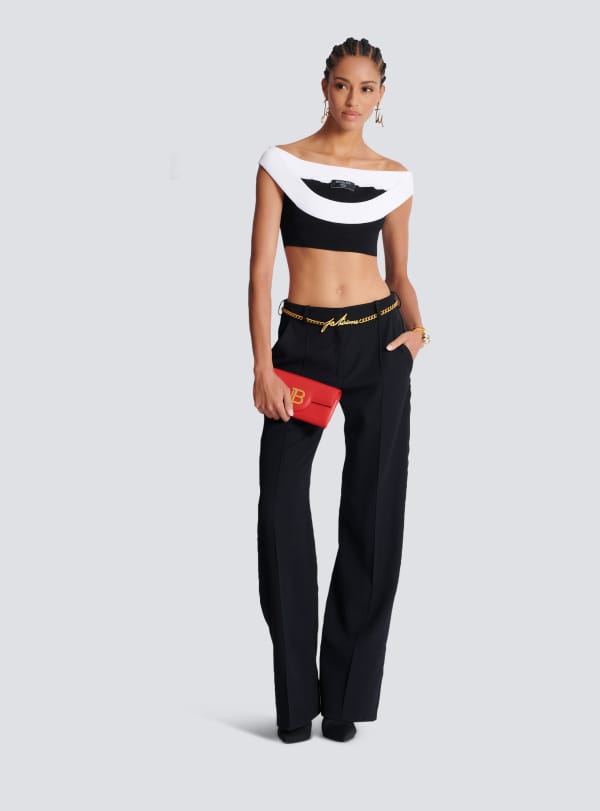 Balmain Paris Top Court En Maille Bicolore à Double Encolure Blanc - Femme