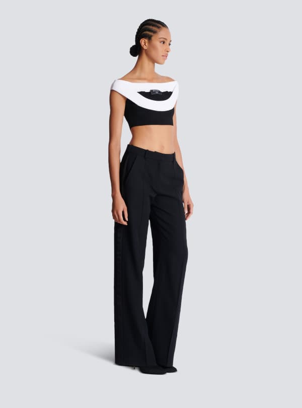 Balmain Paris Top Court En Maille Bicolore à Double Encolure Blanc - Femme