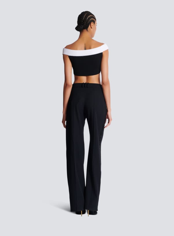 Balmain Paris Top Court En Maille Bicolore à Double Encolure Blanc - Femme