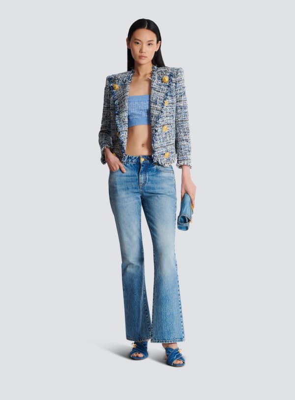 Balmain Paris Top Dos-nu En Maille à Monogramme PB Labyrinthe Bleu - Femme