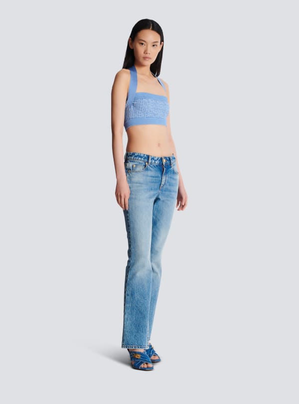 Balmain Paris Top Dos-nu En Maille à Monogramme PB Labyrinthe Bleu - Femme