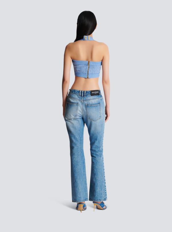 Balmain Paris Top Dos-nu En Maille à Monogramme PB Labyrinthe Bleu - Femme
