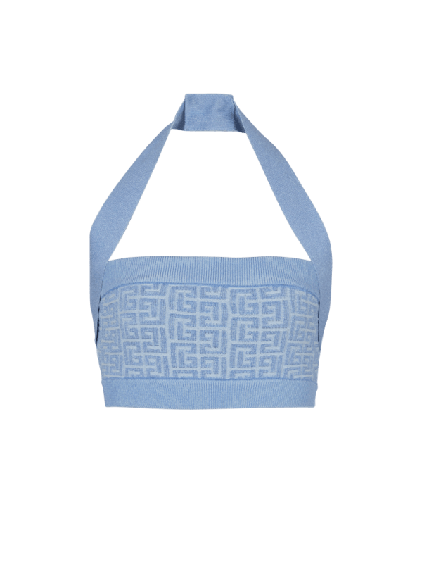 balmain paris Top dos-nu en maille à monogramme PB Labyrinthe bleu - Femme