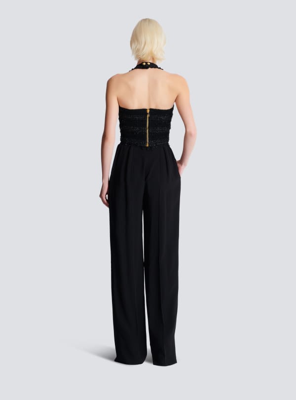 Balmain Paris Top Dos-nu En Maille Effet Tweed Noir - Femme