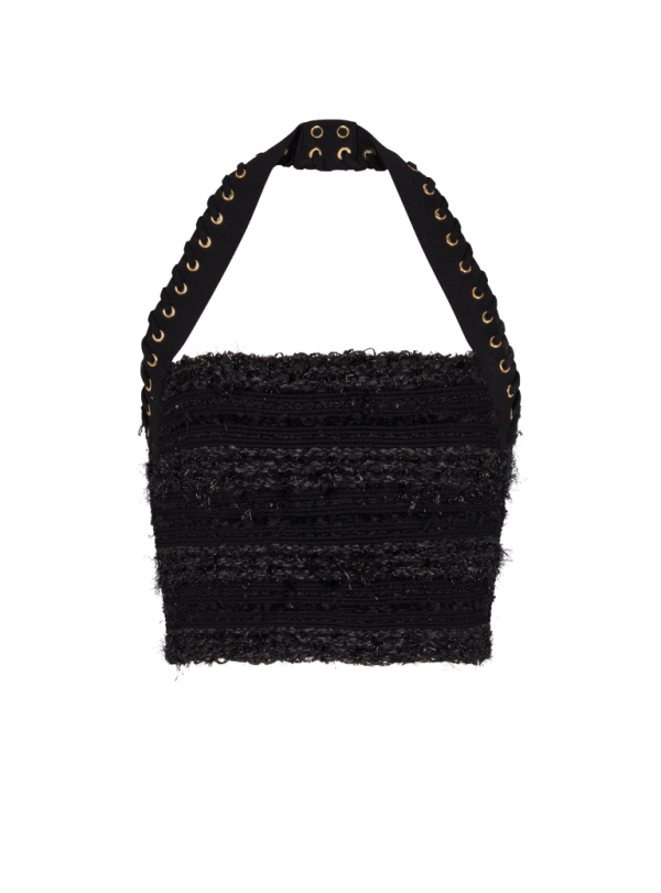 balmain paris Top dos-nu en maille effet tweed noir - Femme