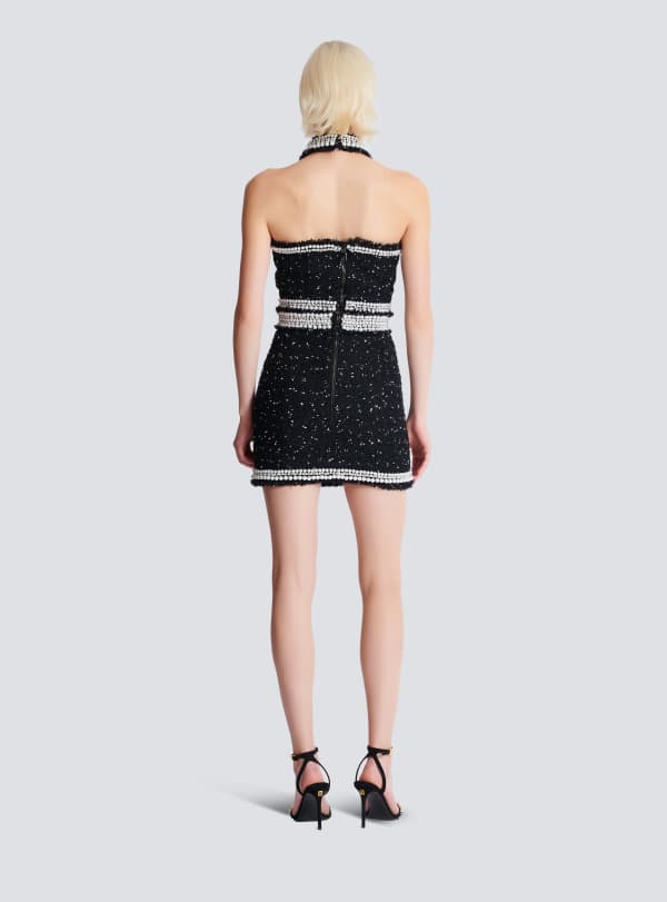 Balmain Paris Top Dos-nu En Tweed Polka Dots Brodé Noir - Femme