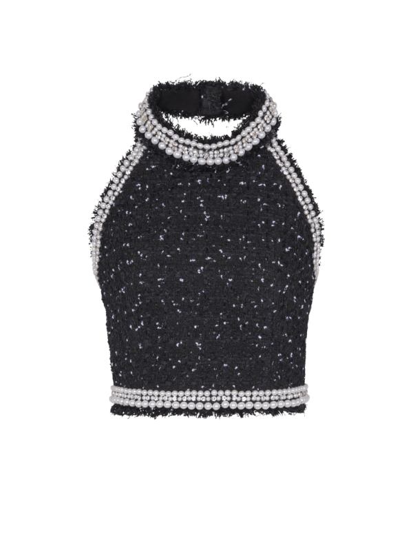 balmain paris Top dos-nu en tweed Polka dots brodé noir - Femme