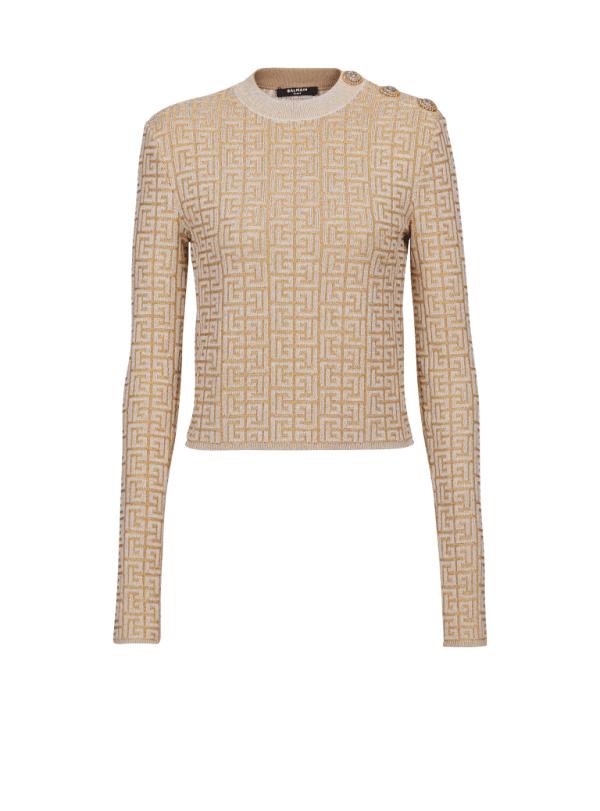 balmain paris Top en maille monogramme PB Labyrinthe beige - Femme