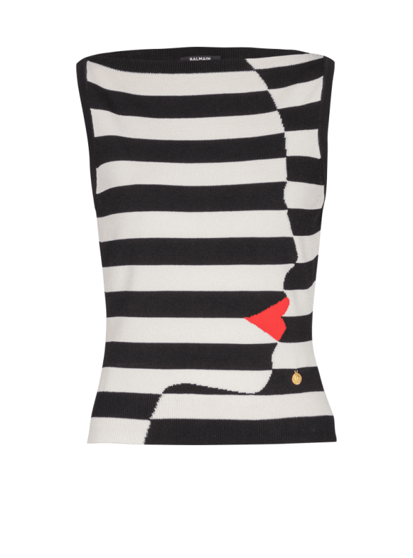 balmain paris Top en maille motif Face Marinière noir - Femme