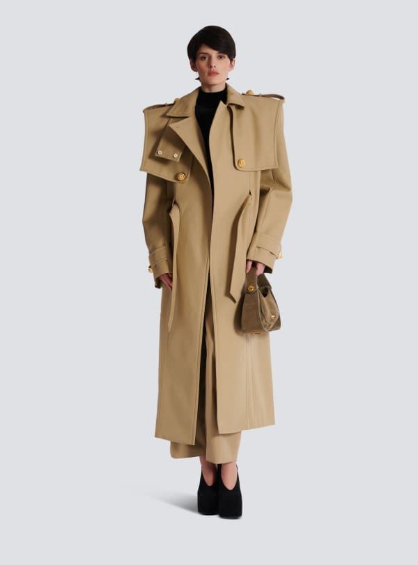 Balmain Paris Trench Ceinturé En Coton Déperlant Beige - Femme