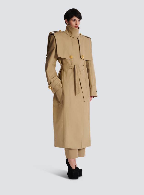 Balmain Paris Trench Ceinturé En Coton Déperlant Beige - Femme