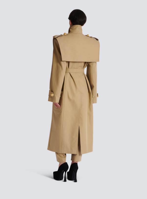 Balmain Paris Trench Ceinturé En Coton Déperlant Beige - Femme