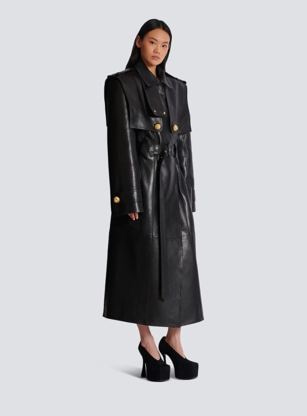 Balmain Paris Trench Ceinturé En Cuir D’agneau Noir - Femme
