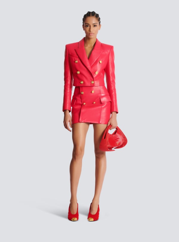 Balmain Paris Veste 6 Boutons Courte En Cuir D'agneau Rose - Femme